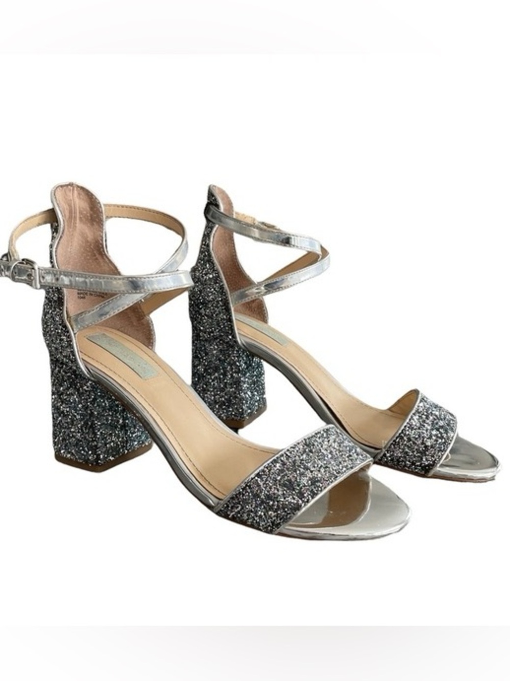 Betsey Johnson Silver Glitter Lane Block Heel Ankle Strap Sandals Size 7M